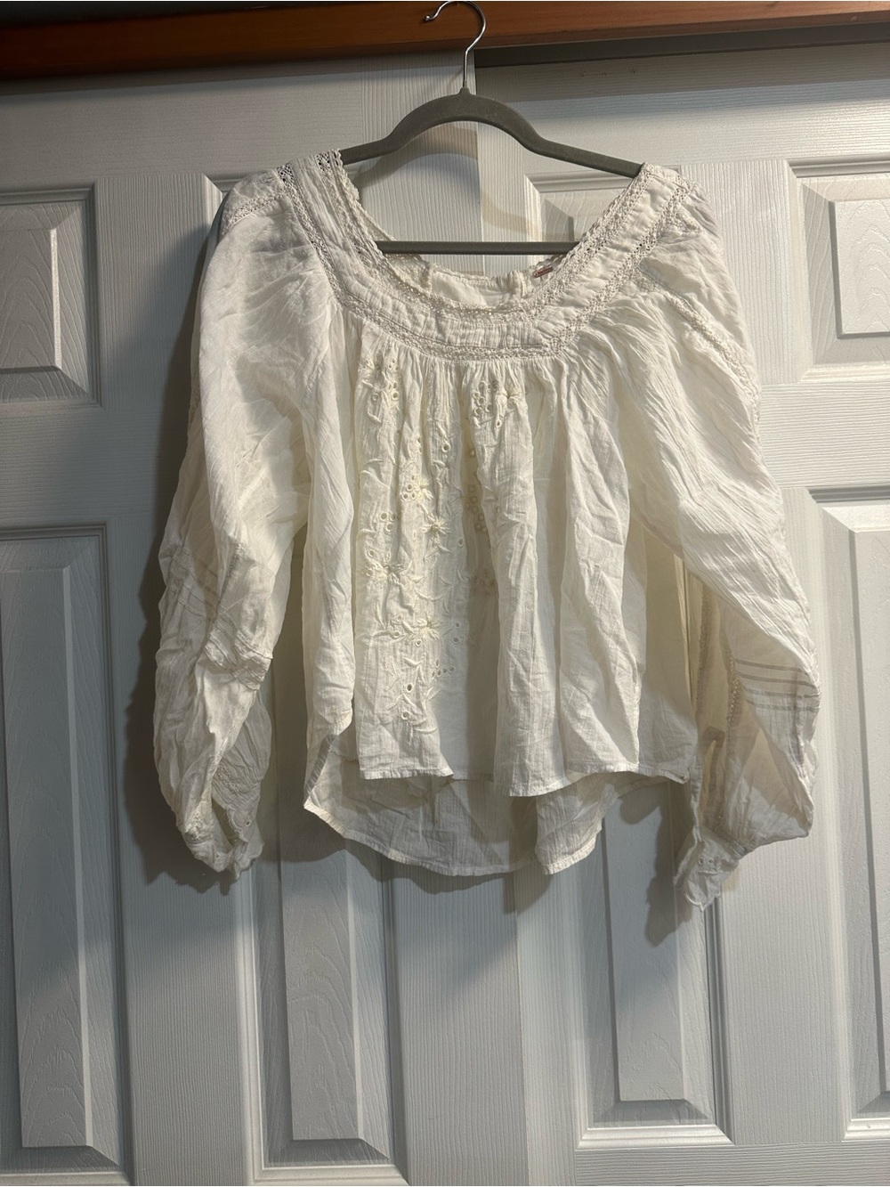 Free People White Boho Peasant Top with Embroidered Front